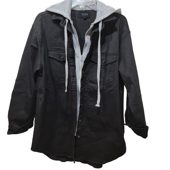 Risen Jacket Oversized Hood S Black Gray Zipped Button Layered Look Small Grunge - Picture 1 of 7